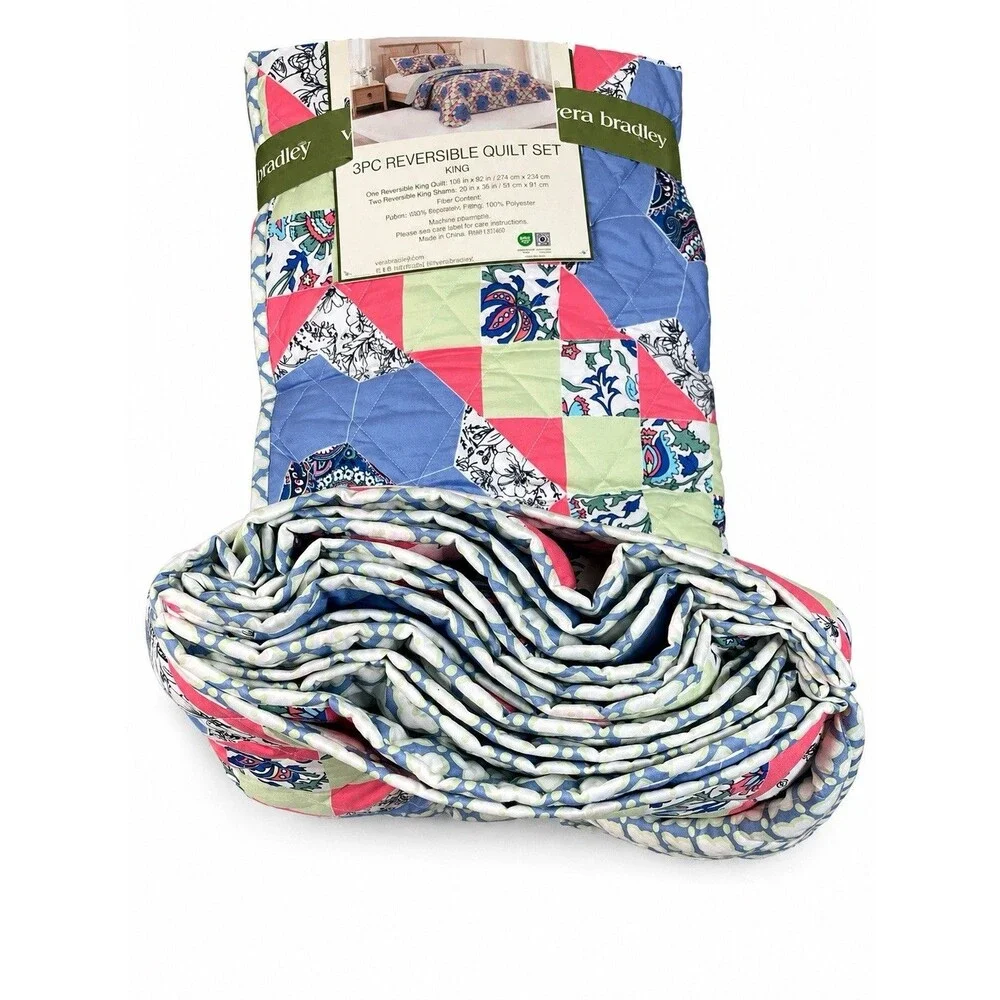 Vera Bradley King Quilt Set 3 Piece Reversible Floral Patchwork Blue Green Shams